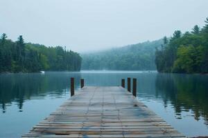 Serene Lake View With Wooden Pier and Misty Forest, A serene and peaceful waterfront setting for a meditation podcast photo