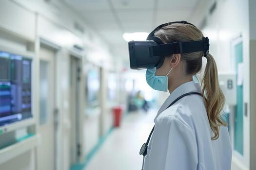 Doctor Using Virtual Reality Headset in Hospital Corridor, A snapshot of virtual reality in healthcare photo