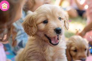 Adorable Golden Retriever Puppy Enjoying Playtime Outdoors, A surprise puppy brought out at a childs birthday party photo