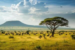 Stunning Serengeti Landscape with Wildebeest and Acacia Tree, A sweeping savannah teeming with wildlife photo