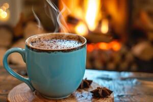 Cozy Hot Chocolate Mug by a Warm Fireplace, A steaming mug of hot chocolate next to a roaring fireplace photo