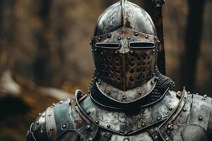 Medieval Knight in Full Suit of Armor in Forest Setting, A stylised armoured knight representing cybersecurity photo