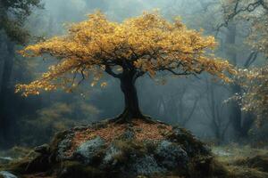 Majestic Solitary Tree With Autumn Leaves Surrounded by Mist in a Serene Forest Landscape photo