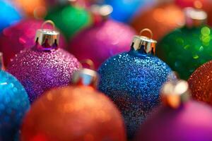 Colorful Christmas Baubles with Festive Sparkling Glitter Highlights, Vibrant Festive Christmas Ornaments with Glitter and Colorful Shine, A vibrant close up of multicolored Christmas ornaments photo