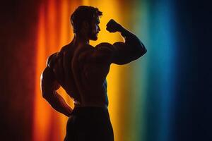Muscular Man Flexing His Bicep Against a Vibrant, Colorful Backdrop in a Fitness Studio photo