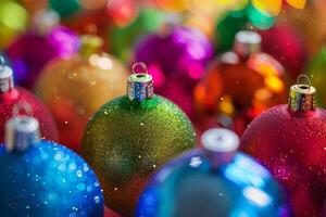 Colorful Christmas Ornaments with Glittering Festive Decorations, A vibrant close up of multicolored Christmas ornaments photo