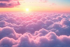 Sunrise Over Fluffy Pink Clouds Creates a Dreamlike Atmosphere Above the Horizon on a Tranquil Morning photo