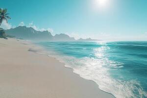 Secluded Beach With Soft White Sand, Turquoise Water, and Majestic Mountains Under a Bright Sun at Midday photo