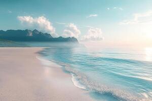Serene Coastline at Sunrise With Calm Waters and Mountains in the Distance photo