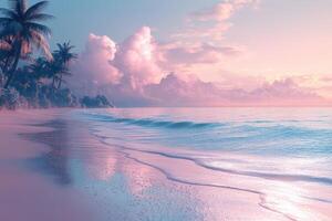 Beautiful Tropical Beach at Dawn With Gentle Waves and Pastel Sky Reflecting on the Water photo