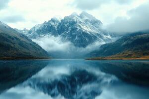Majestic Snowy Peaks Reflecting in Calm Waters Surrounded by Lush Green Hills and Misty Clouds During Early Morning Light photo