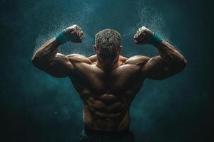 Strong Man Flexes Muscles Under Dramatic Lighting, Showcasing Dedication to Fitness and Bodybuilding photo