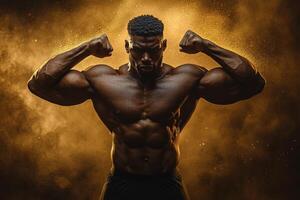 muscular hombre exhibiendo fuerza debajo dramático Encendiendo en un aptitud estudio durante un poderoso rutina de ejercicio sesión foto