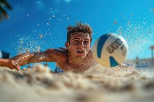 Boy Diving for Volleyball on Sandy Beach During Bright Sunny Day With Clear Blue Sky photo