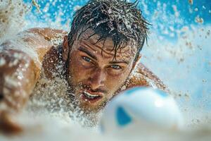 Surfer Dives Into Ocean Waves, Showcasing Determination and Athleticism During a Sunny Day at the Beach photo