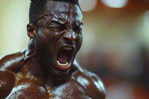 Intense Muscle Exertion Captured During Strength Training Session at Fitness Center photo