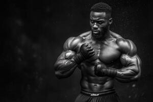 carrocero se flexiona músculos exhibiendo fuerza en un dramático negro y blanco ajuste enfatizando atletismo y poder foto
