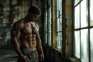 Muscular Athlete Poses in an Abandoned Building With Natural Light Pouring Through Weathered Windows photo