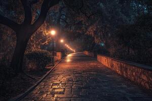 Misty Evening Walk on a Cobblestone Path Lined With Glowing Street Lamps Beneath Ancient Trees photo