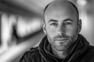 Expressive Portrait of a Man in a Casual Hooded Jacket at an Urban Location, Showcasing Thoughtful Emotion in Monochrome photo
