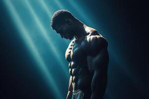 Dynamic Silhouette of a Muscular Athlete Under Dramatic Light Rays Showcasing Strength and Determination in a Focused Pose photo