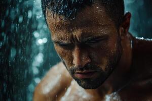 Intense Moment Captured as a Man Stands Under a Shower, Water Cascading Down His Body During an Emotional Experience in a Dimly Lit Environment photo