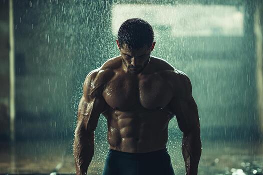 Fitness Enthusiast Exercises Intensely Under Rain in a Dimly Lit Gym, Showcasing Physical Strength and Determination photo