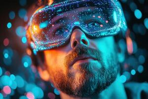 Person Wearing Futuristic Goggles Immersed in a Vibrant, Illuminated Environment With Colorful Lights During a Virtual Reality Experience photo