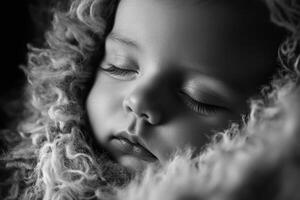 Softly Sleeping Infant Wrapped in Cozy Blanket, Capturing a Peaceful Moment of Tranquility and Warmth in Monochrome Tones photo
