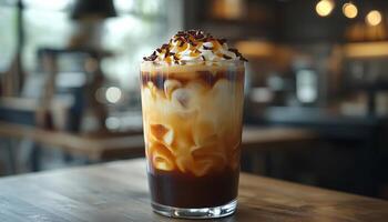 An iced coffee with whipped cream and chocolate photo