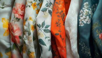 A row of colorful floral prints on a rack photo