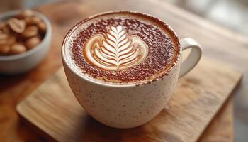 A latte with a leaf design in the middle of it photo