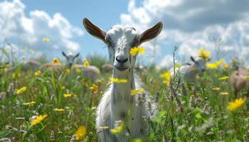 A goat in a field of flowers photo