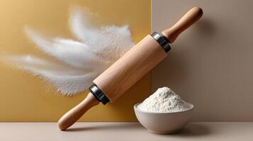 Wooden Rolling Pin with Flour Burst Baking Ingredients Pastry Bakery Kitchen Utensils Cooking photo