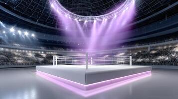 Empty Boxing Ring in a Large Stadium with Spotlights and Crowd photo