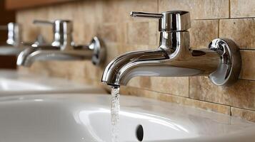 Modern Chrome Bathroom Faucet with Running Water in Elegant Sink photo
