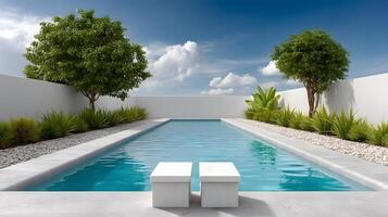 Serene Minimalist Modern Pool Landscape Design with White Walls and Lush Greenery photo