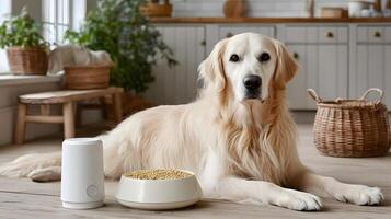 Golden Retriever Dog Relaxing at Home with Food Bowl and Air Purifier photo