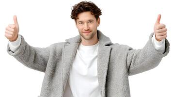 Happy Man in Grey Fleece Robe Giving Two Thumbs Up Positive Gesture photo