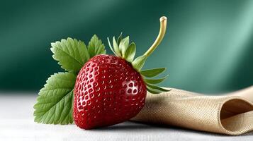 Juicy Red Strawberry with Green Leaves on Elegant Beige Fabric photo