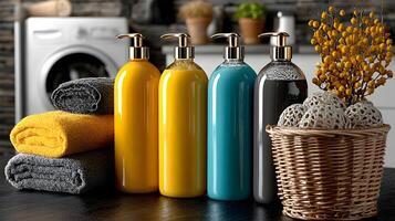 Colorful Liquid Soap Bottles with Rolled Towels and Decorative Basket Spa Setting photo