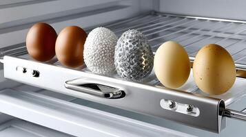 Refrigerator Egg Tray with Brown and Decorative Eggs Close up Shot photo