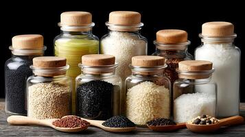 Assorted Grains and Seeds in Glass Jars with Wooden Lids Kitchen Still Life Photography photo
