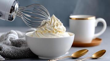 Delicious Whipped Cream in Bowl Being Made with Electric Mixer Close Up Shot photo