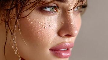 Close up of a Woman s Face with Water Droplets Skincare Beauty Fresh Skin Dewy photo