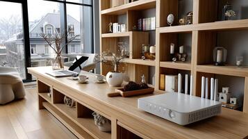 Modern Home Office WiFi Router on Wooden Desk Fast Internet Connection Wireless Network Device photo