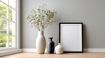 Modern Home Interior Design Mockup Blank Frame Eucalyptus Vases on Wooden Floor photo