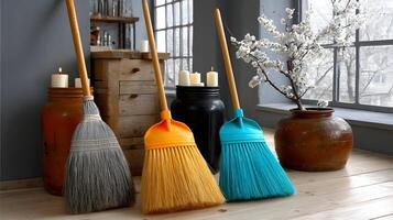 Three Colorful Brooms Resting Against Rustic Wooden Background with Candles and Blossoms photo