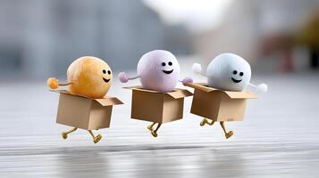 Three Cheerful Cartoon Characters in Boxes Jumping Happy Delivery Concept photo