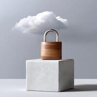 Secure Cloud Data Protection Wooden Padlock on Cube with Cloud photo